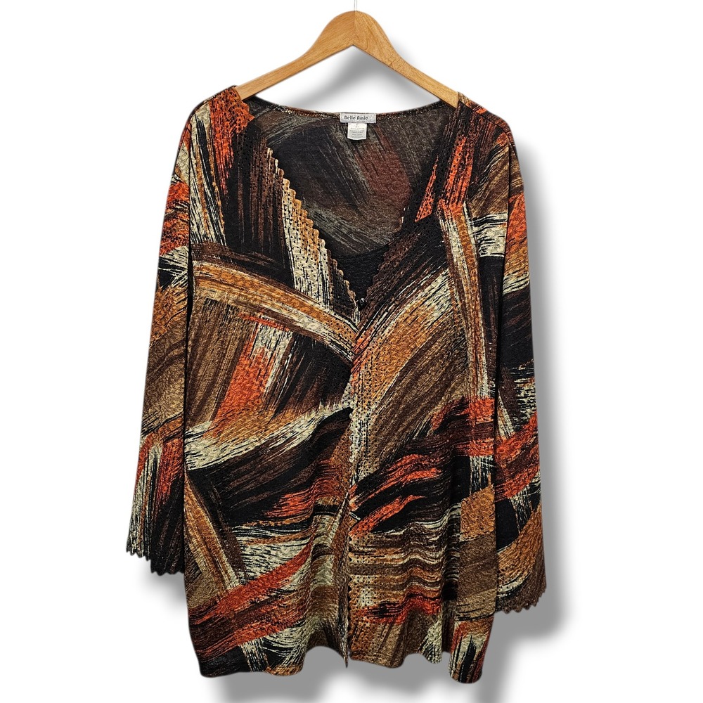 Belle Amie Layered Top‎ 4X Black Gold Earthy Abstract Brushstroke Scallop Trim